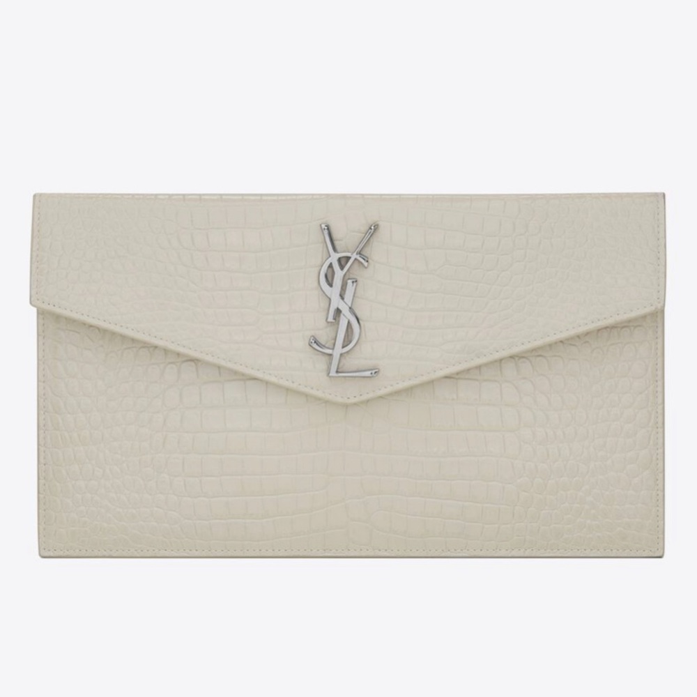 YSL Uptown Clutch White Croc